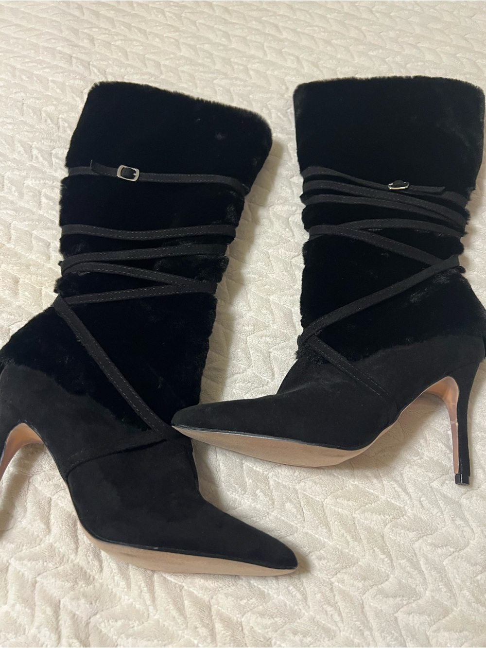 New Catherine Malandrino Black Suede and Faux-Fur Pointed-Toe Stiletto Boots